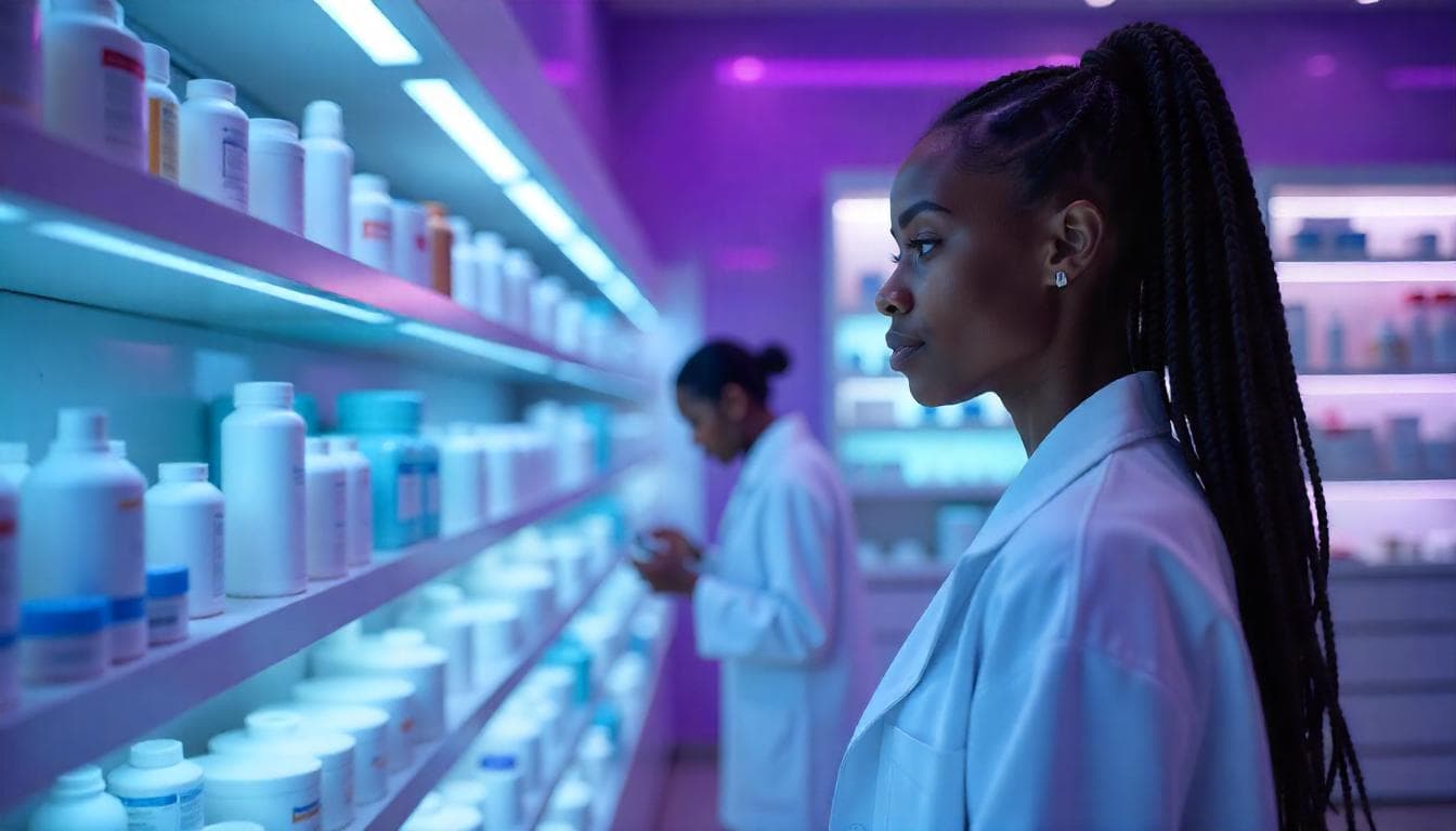 A pharmacist at the shelves of a NuHealth partner pharmacy