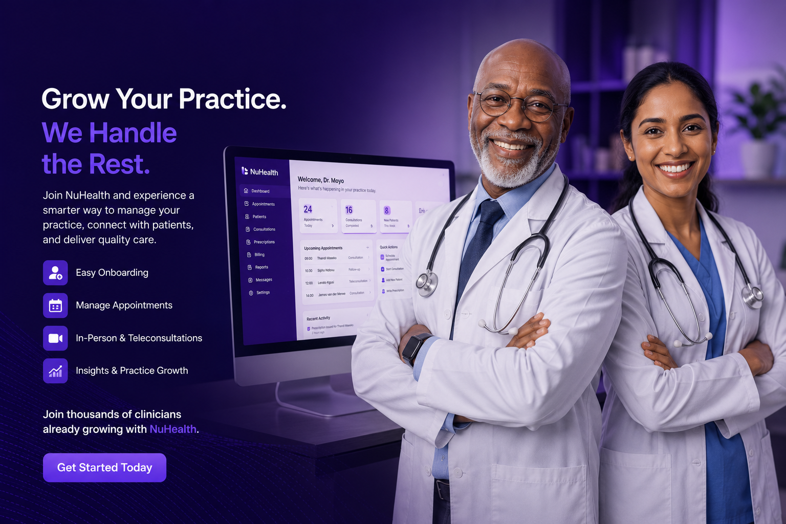 Two clinicians in front of the NuHealth practice dashboard