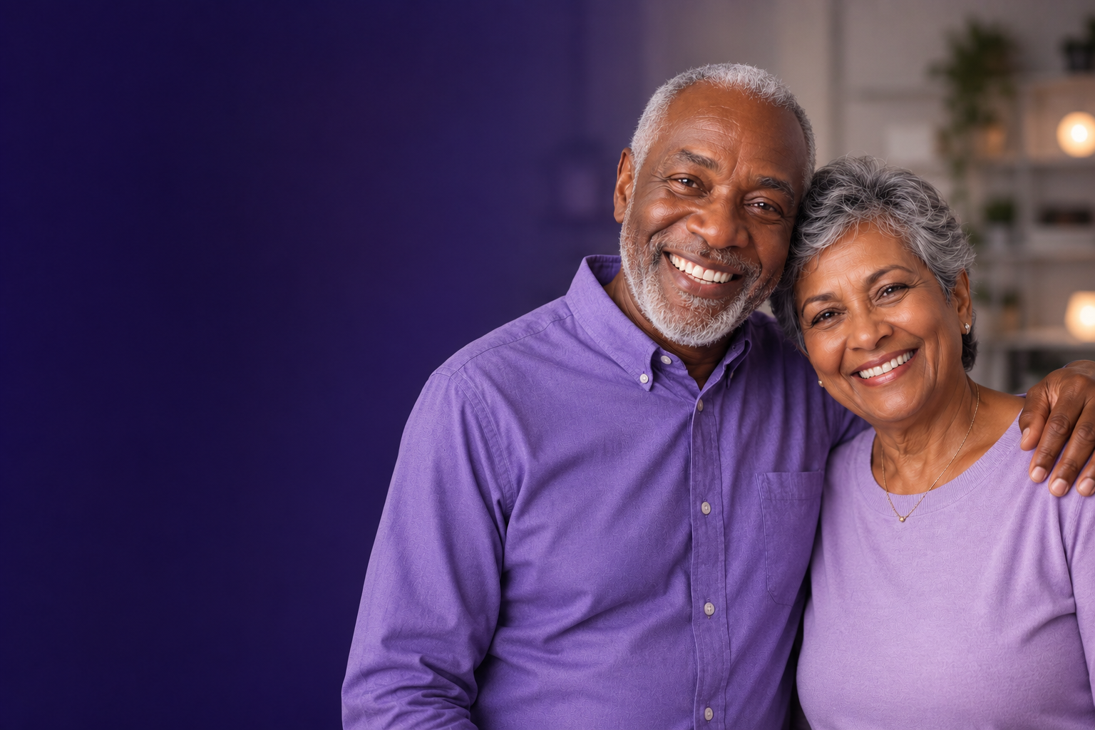 A smiling older couple in NuHealth purple